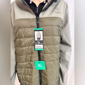 NWT Hurley Men's Jacket Army Green Windproof 3 Layer Tech. Full Zip Hooded Sz XL